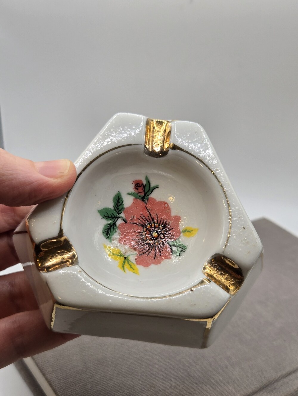 Mid Century VTG 3" Ashtray Rose Grandmacore 60s Gold Trim mahjong Tile aesthetic